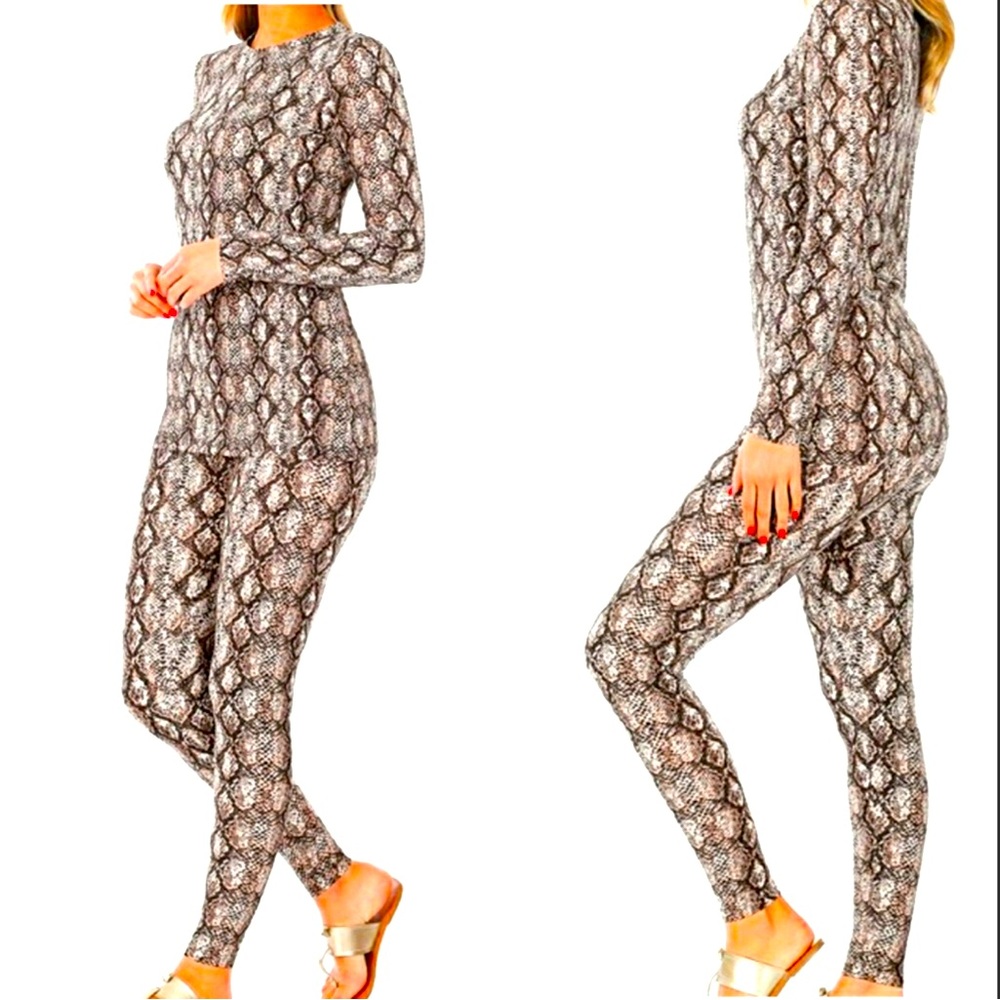 Zenana Python Snake Print Micro Fiber Loungewear Set Women Color Brown Size XL